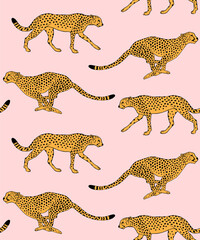 Obraz premium Vector seamless pattern of hand drawn doodle sketch leopard cheetah isolated on pink background