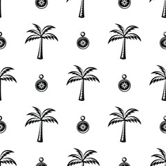 pattern seamless of palm tree  and compass in style vintage, retro, engraved. - vector illustrations