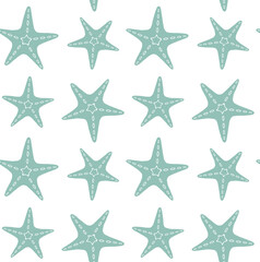 Fototapeta na wymiar Vector seamless pattern of mint green hand drawn doodle sketch sea star starfish isolated on white background