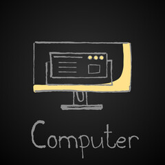 Hand drawn computer icon with chalk board effect on black background. Vector flat Illustration.