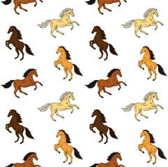 Vector seamless pattern of different color hand drawn doodle sketch horses set isolated on white background