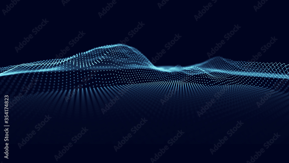 Poster abstract digital polygonal wireframe landscape. blue illustration of dots on dark background. 3d ren