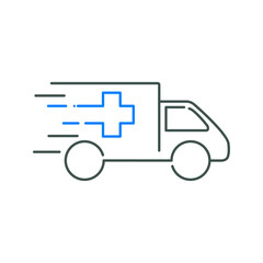 Icono plano lineal ambulancia con cruz y líneas de velocidad en azul y gris © teracreonte