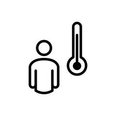 Icono plano lineal hombre con termómetro en color negro	 - obrazy, fototapety, plakaty