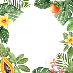 frame with green exotic palm leaves and fruits, flowers, watercolor illustration on white background