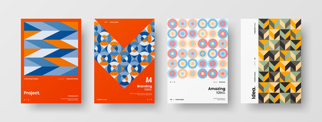 Fototapeta premium Company identity brochure template collection. Business presentation vector A4 vertical orientation front page mock up set. Corporate report cover abstract geometric illustration design layout bundle.