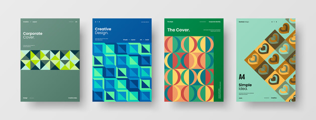 Fototapeta premium Company identity brochure template collection. Business presentation vector A4 vertical orientation front page mock up set. Corporate report cover abstract geometric illustration design layout bundle.