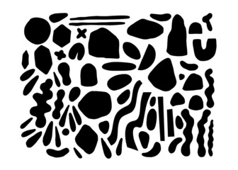 Black paint, ink brushes. Dirty artistic organic elements. Vector shapes. Isolated on white background. Freehand drawing.