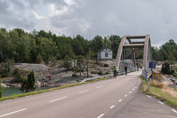 August - 2019: Bomarsund Museum and the bridge in front of the fortress. Bicycle tourism on the Aland Islands, a trip to Scandinavia.