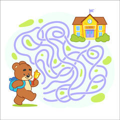 Help cute bear find the right path to school. Schoolboy with backpack walking to school through labyrinth. Maze game for kids. Day of knowledge illustration.
