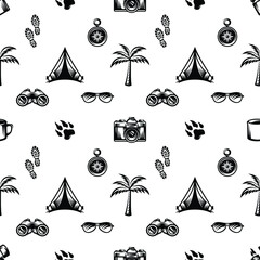 pattern seamless of lighter, footprints, camera, footprints of shoes, compass, tent, palm tree, binoculars, eyeglasses in style vintage, retro, engraved. - vector illustrations