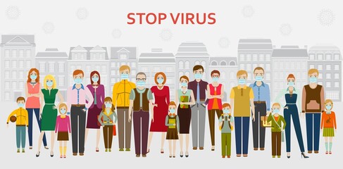 Group of people in medical protective masks. Men, women and kids in face protection wear which helps them protect themselves from the virus and other air pollution. Vector illustration.