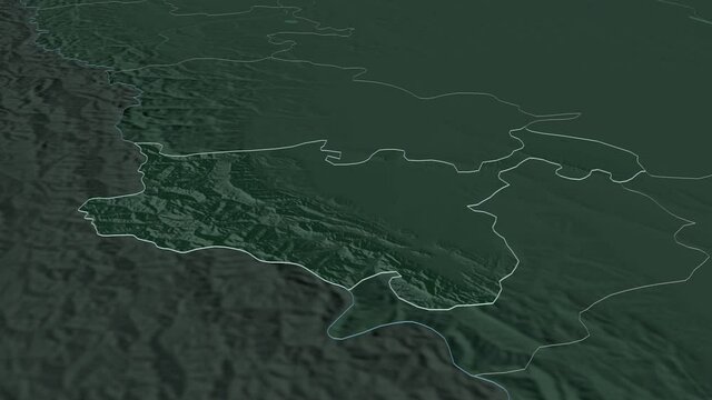 North Ossetia, republic with its capital, zoomed and extruded on the administrative map of Russia in the conformal Stereographic projection. Animation 3D