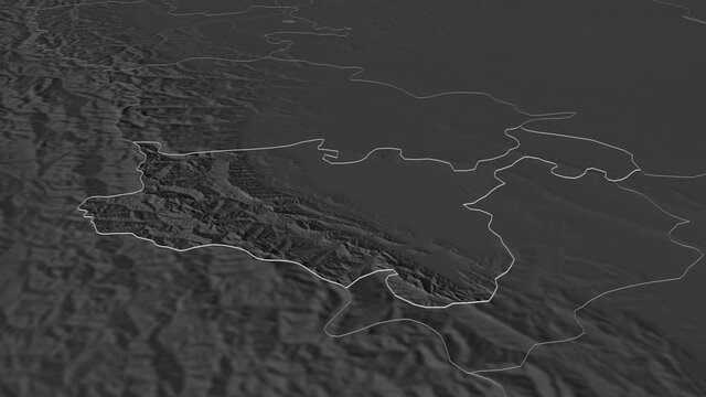 North Ossetia, republic with its capital, zoomed and extruded on the bilevel map of Russia in the conformal Stereographic projection. Animation 3D