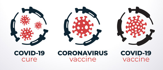 Coronavirus 2019-nCoV vaccine or cure logos with syringes about the time when Covid-19 disease is defeated, medical victory over the corona virus and quarantine end. Flat black and red silhouettes.