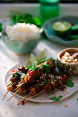 Thai chicken satay with peanut sauce.selective focus