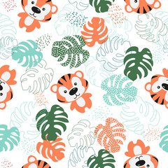 Seamless pattern of cute little tiger and tropical leaves.children's print on clothes.Vector illustration