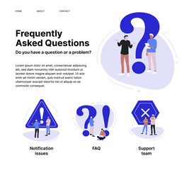 FAQ website page with warning and notification signs. Confusion people ask frequent 
question, Questioning persons stands near exclamation sign. Concept cartoon illustration. 
