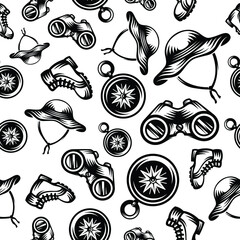 pattern seamless of compass, binoculars, footprints of shoes, hat in style vintage