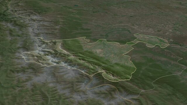 North Ossetia, republic with its capital, zoomed and extruded on the satellite map of Russia in the conformal Stereographic projection. Animation 3D