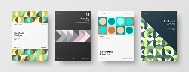 Company identity brochure template collection. Business presentation vector A4 vertical orientation front page mock up set. Corporate report cover abstract geometric illustration design layout bundle.