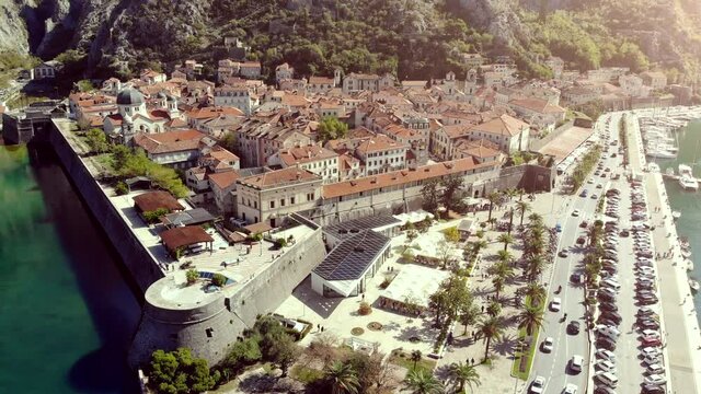 Panoramic Aerial View of Historic Part of the City of Kotor, Montenegro