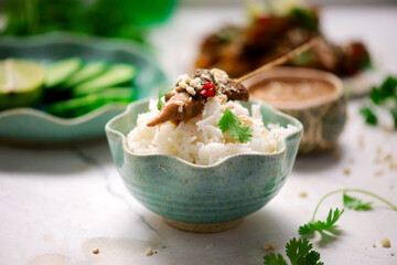 Thai chicken satay with peanut sauce.selective focus