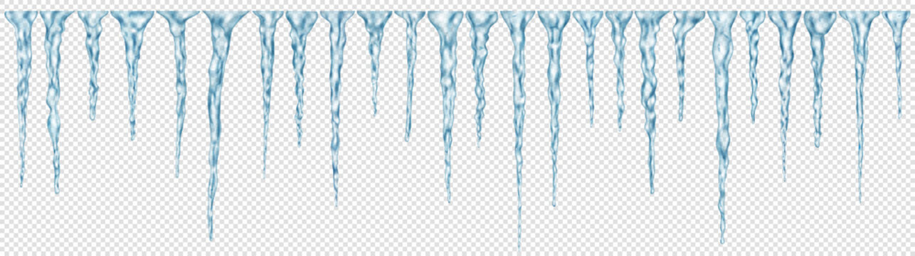 Set of translucent light blue realistic icicles of different lengths on transparent background. Transparency only in vector format