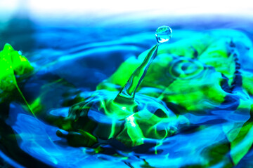 Amazing abstract shot of water droplet with ripples near the green leaf in water. Macro shot with...