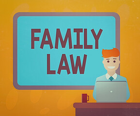 Writing note showing Family Law. Business concept for body of legal practice dealing with inside household matters Bordered Board behind Man Sitting Smiling with Laptop Mug on Desk