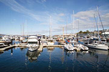 Fototapeta na wymiar Yachts moored in Hobart Marina on a blue sky day.