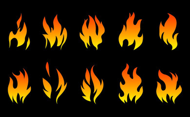 Collection of Fire and Flame icons on black background. Vector Illustration and graphic outline elements.