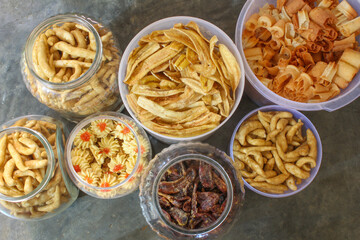 kripik pisang, telur gabus, kue semprit, is traditional food from indonesia, to celebrate ied mubarak or ied fitr