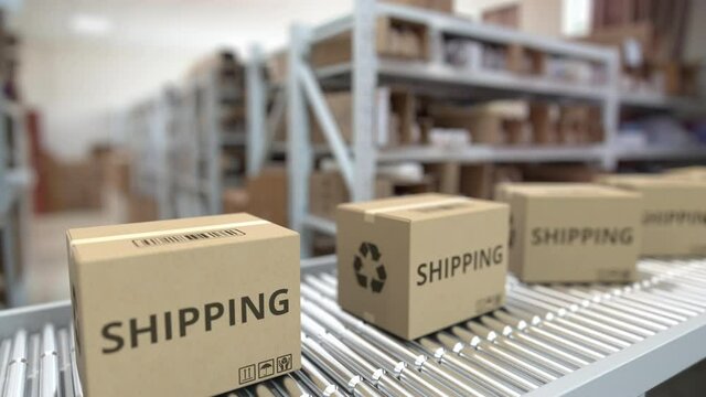 Conveyor with boxes with SHIPPING text. Looping 3d animation
