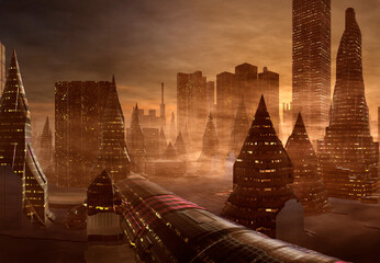 3D Rendered Futuristic City on an Alien Planet - 3D Illustration © diversepixel
