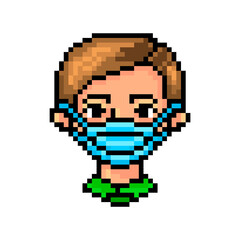 Pixel art portrait of a man wearing sterile disposable medical face mask for coronavirus protection. 8 bit Covid-19 pandemy male character isolated on white. Retro slot machine/video game graphics.