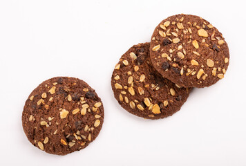 Delicious chocolate cookies with grain. Isolated on white background. Clipping path