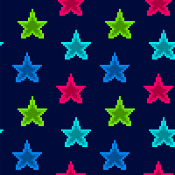 Dark blue seamless pattern with bright shining blue, pink and green neon pixel art stars. 8 bit glowing night sky background. Fluorescent Christmas decoration wallpaper.