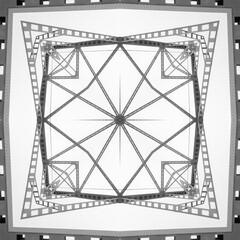 Kaleidoscope from industrial photo - architecture, metal lace, pattern, patchwork. Background for site or blog, packaging, textiles. Grayscale.