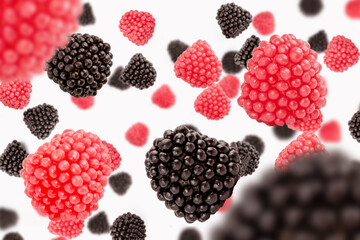 Set of red and black candy berries isolated on white background. Clipping path