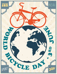 Fototapeta na wymiar Bike over Globe, Chains and Greeting for World Bicycle Day, Vector Illustration