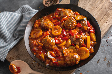 Meatballs with vegetables served on pan