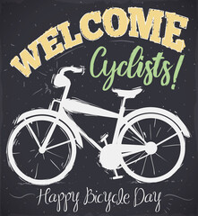 Blackboard with Bike and Greeting Welcoming Cyclist during Bicycle Day, Vector Illustration