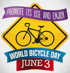 Diamond Signal with Bike and Ribbons for World Bicycle Day, Vector Illustration
