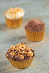 Brigadeiro is a common Brazilian dessert. Delicious chocolate candy Brigadeiro on a table
