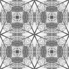 Kaleidoscope from industrial photo - architecture, metal lace, pattern, patchwork. Background for site or blog, packaging, textiles. Grayscale.