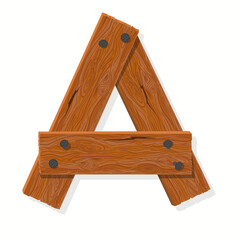 Wooden font, Plank Wood table alphabet. Old boards with nails ABC. Cartoon style Vector
