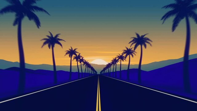 Sunrise or sunset sun above the road. Palm tree alley. Tropical coast highway. Blue and yellow colors footage. Retrowave 80s, 90s style video. Outdoor landscape footage. Camera moves forward the road