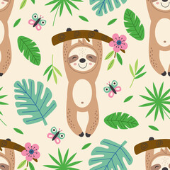 seamless pattern with happy sloth hanging on a branch  -  vector illustration, eps © nataka