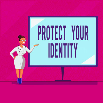 Conceptual Hand Writing Showing Protect Your Identity. Concept Meaning Secure From Data Breach And Information Security Doctor With Stethoscope Hand Presenting Blank Whiteboard